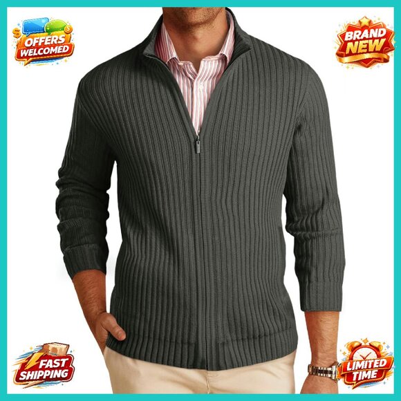 Men's Full Zip Cardigan Sweater Mock Neck Ribbed Knit Winter Chunky